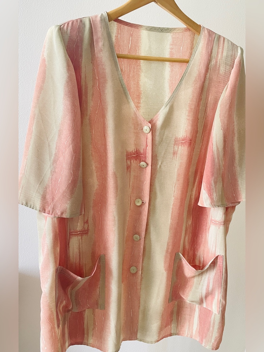 Plus Size XXL 3XL Light Pink Grey Striped V-Neck Button Front Blouse Pockets